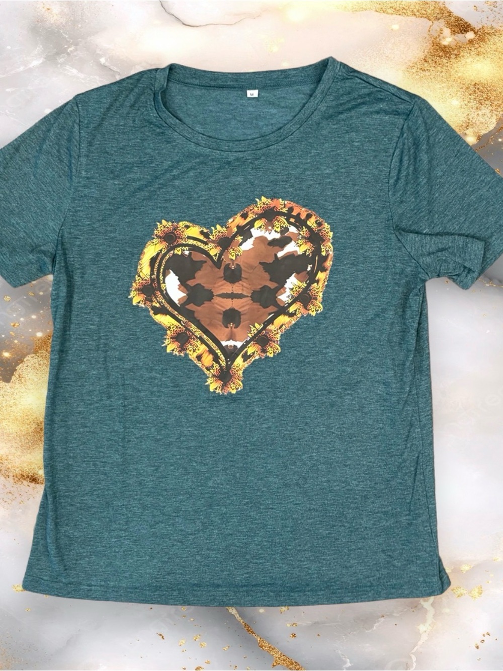 Women’s Teal Short Sleeve Cowprint Heart Graphic Tee